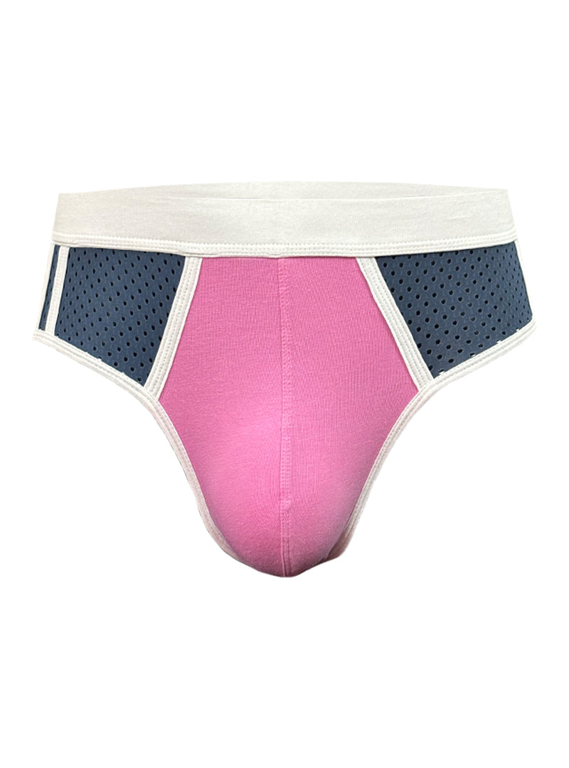Basix Sport’s brief in pink and navy blue athletic fabric with a white elastic waistband for active wear