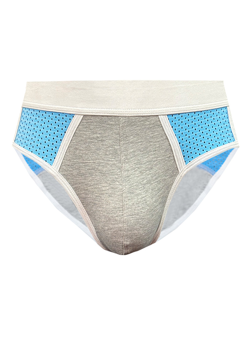 Basix sports brief in gray and light blue with perforated side panels for enhanced breathability and athletic use