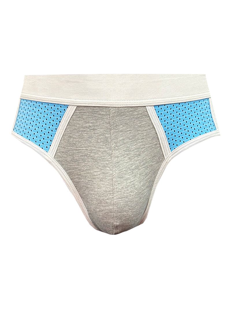 Basix sport gray and light blue athletic briefs with perforated side panels for breathable support and comfort