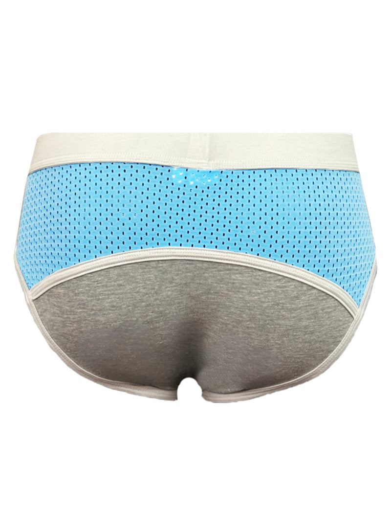 Basix Sport’s light blue and gray athletic briefs with breathable mesh front panel and cream elastic waistband