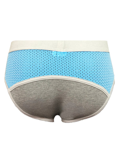 Basix Sport’s light blue and gray athletic briefs with breathable mesh front panel and cream elastic waistband