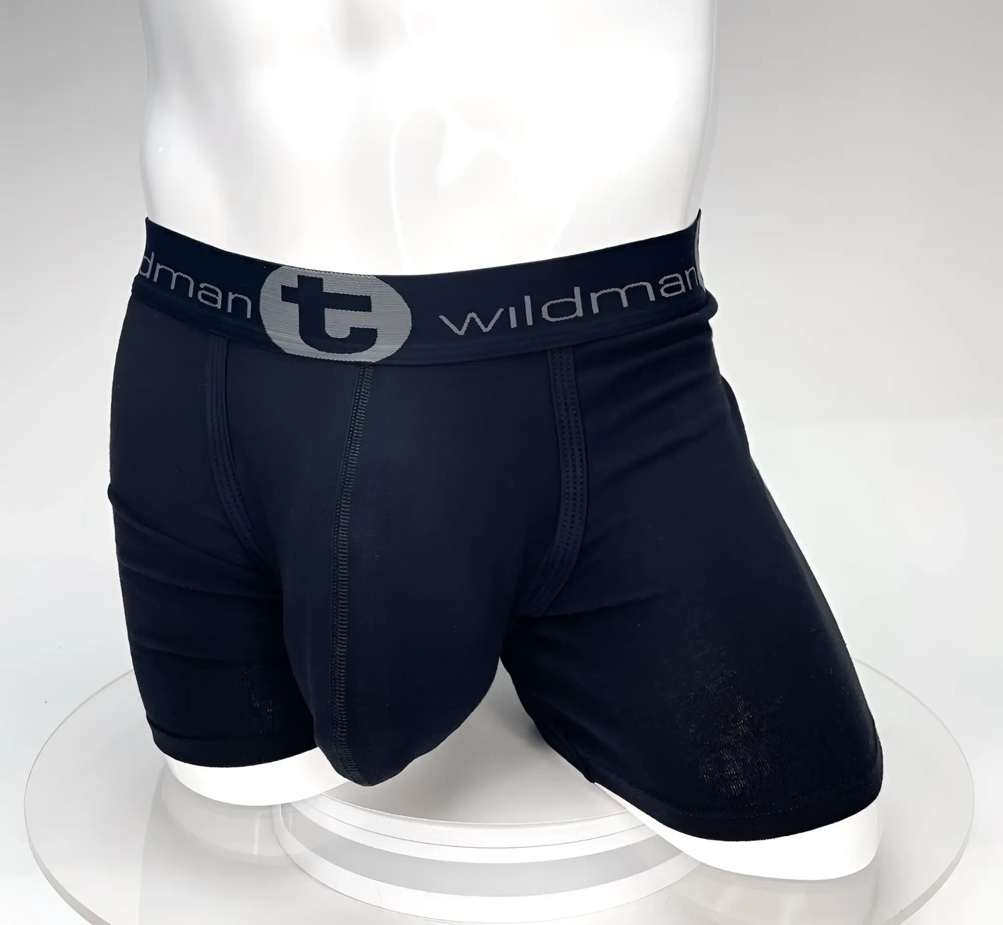 Big Boy Pouch 5 inch inseam black boxer briefs with gray elastic waistband featuring the brand logo