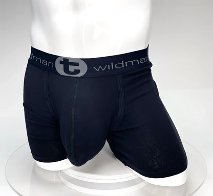 Big Boy Pouch 5 inch inseam black boxer briefs with gray elastic waistband featuring the brand logo