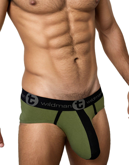 Olive green and black cotton big boy pouch athletic briefs with branded waistband and stripe army green design