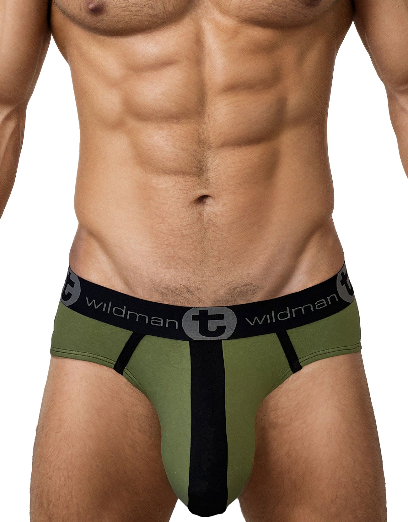 Olive green and black cotton athletic briefs with branded waistband big boy pouch stripe army green design