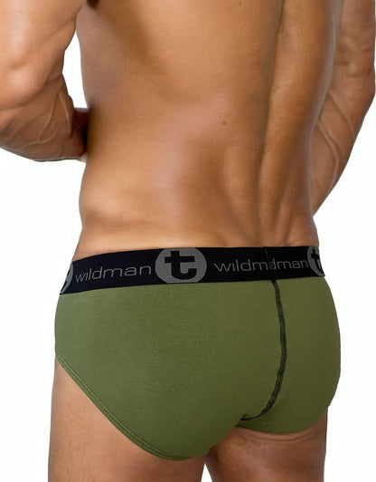 Olive green big boy pouch cotton briefs with black elastic waistband featuring wildman logo in stripe army green design