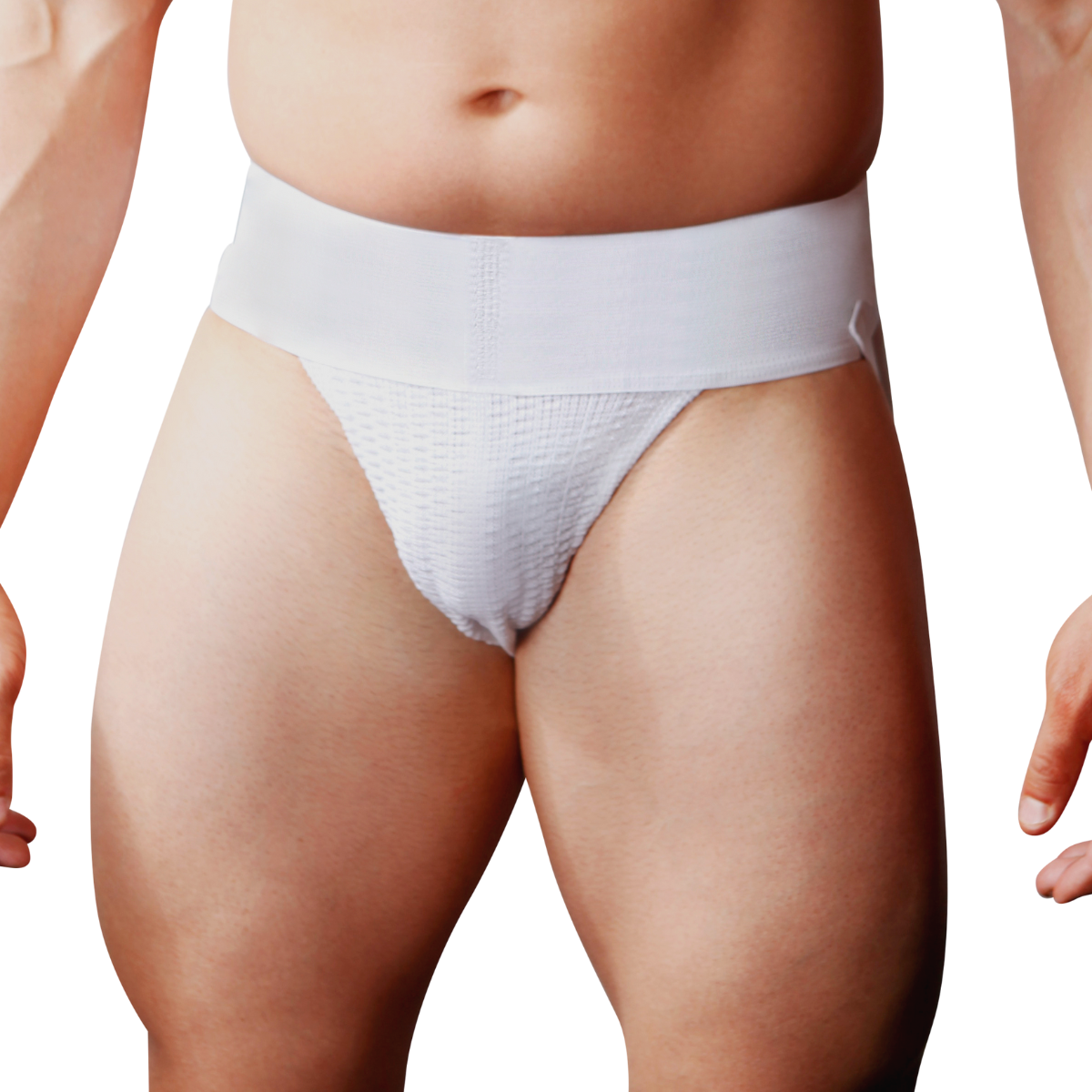 White big mans athletic supporter jockstrap with textured breathable fabric and elastic waistband