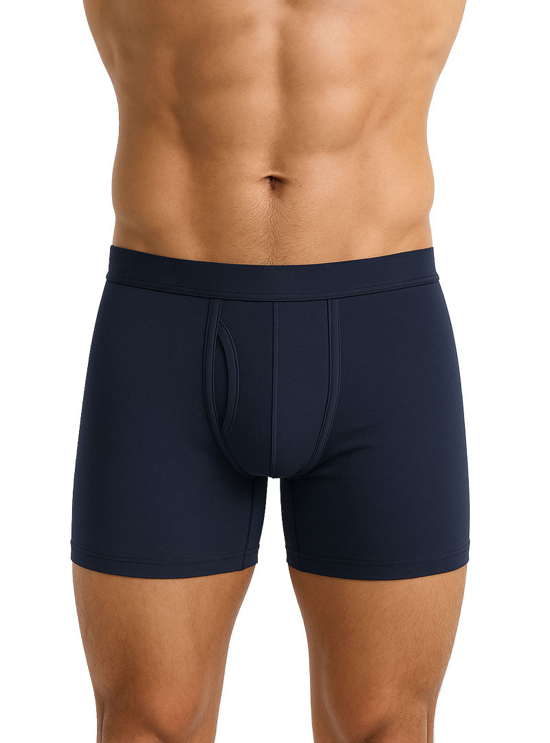 Navy blue big mans cotton boxer briefs with contoured pouch and elastic waistband for comfortable support