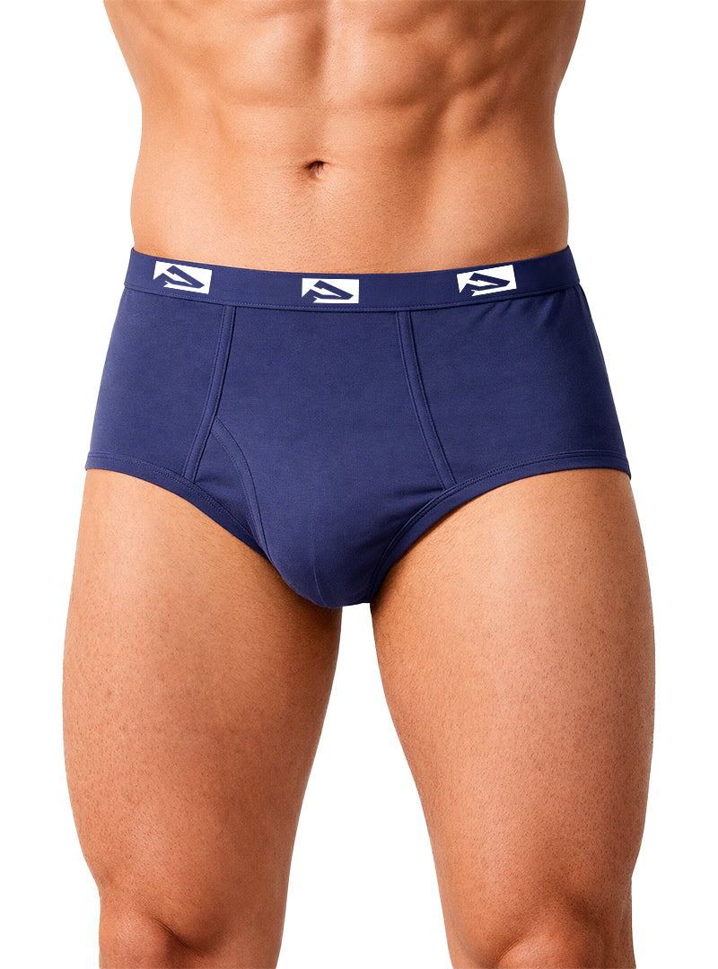 Navy blue men’s fly front briefs with a white logo waistband designed for big man comfort and support