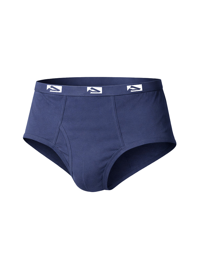 Navy blue big mans fly front briefs with a white logo waistband designed for comfort and support