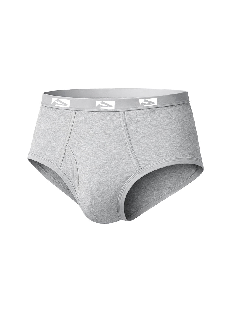 Gray heathered cotton big mans fly front briefs with matching elastic waistband and white logo trim