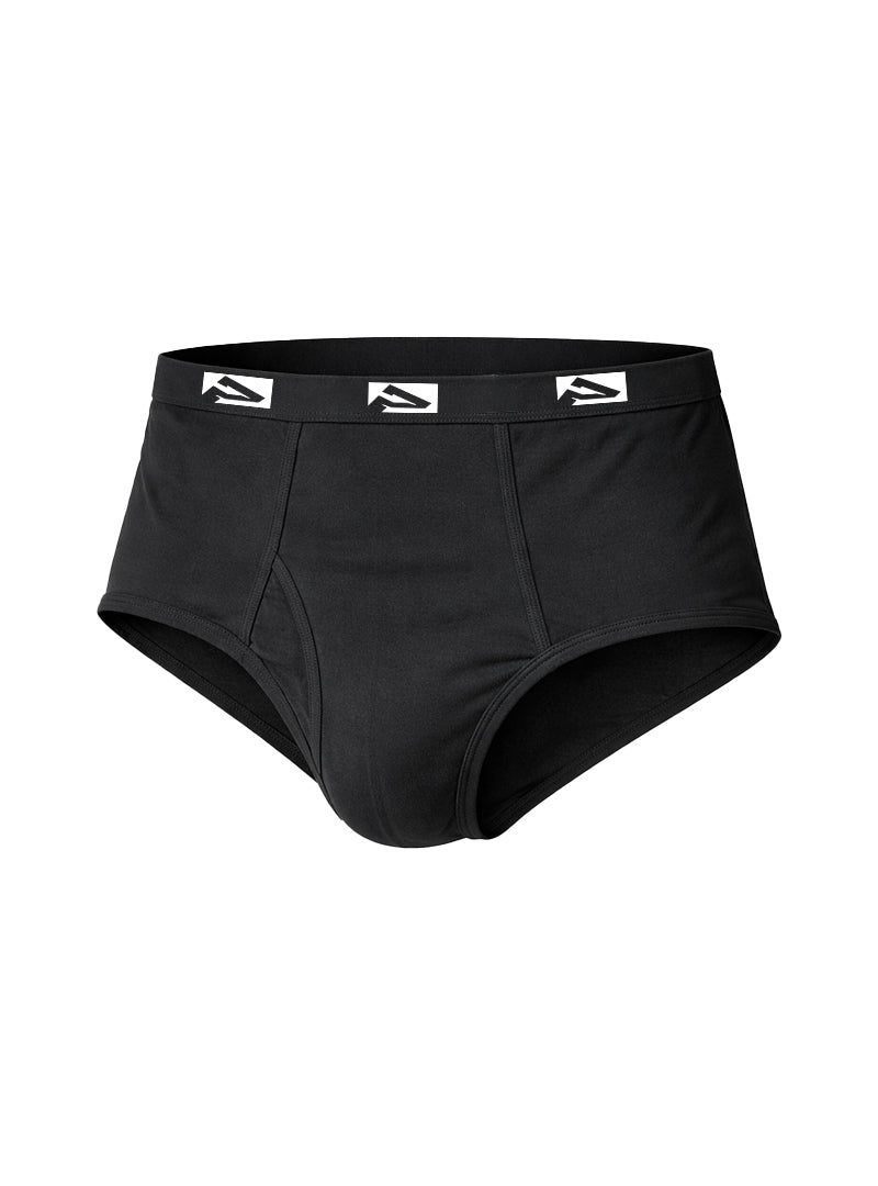 Black men’s fly front colored briefs in black with a white logo on the elastic waistband for big men