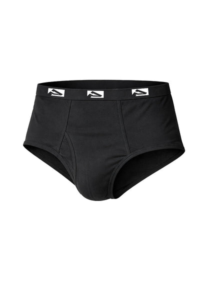 Black men’s fly front colored briefs in black with a white logo on the elastic waistband for big men