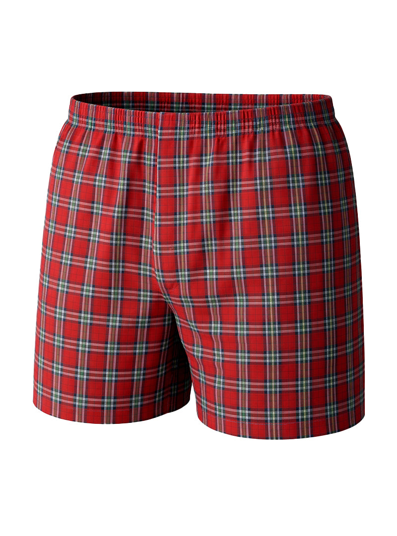 Big mans woven boxer red plaid broadcloth shorts with elastic waistband and green white and black lines in 2-pack