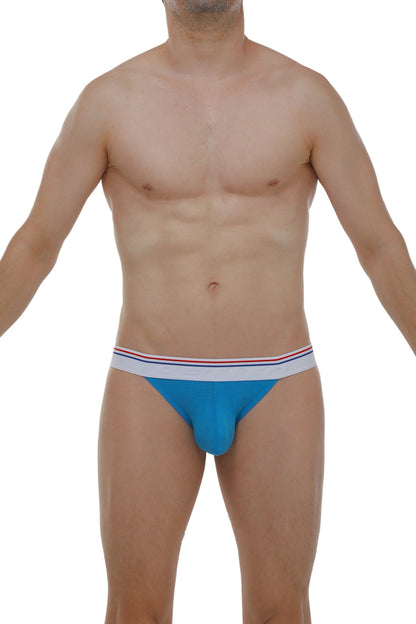 Blue bikini aizy modal azur athletic briefs with white waistband and red and blue stripe accents in modal fabric