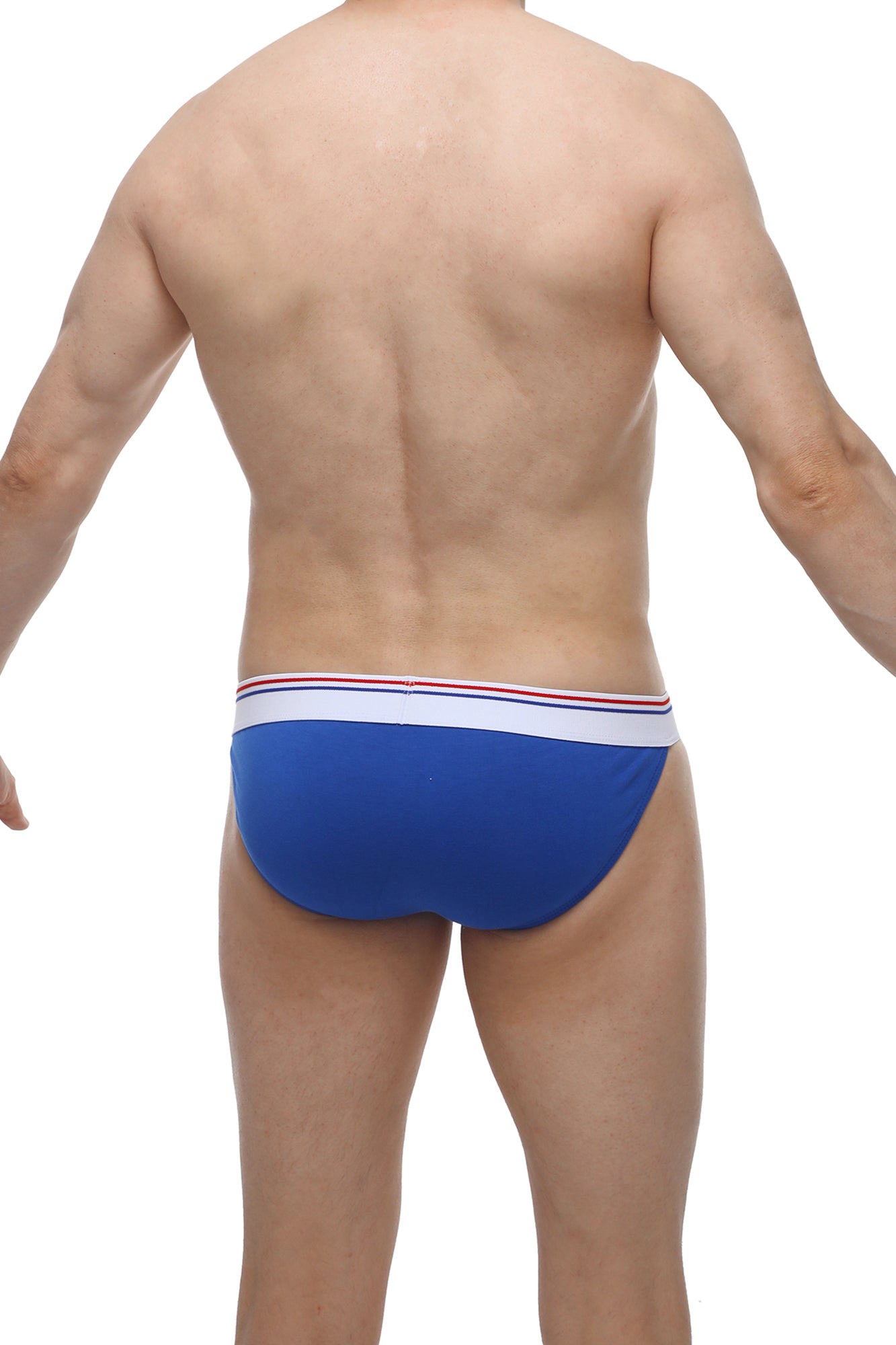 Blue men’s bikini briefs in modal fabric with white waistband and thin red and blue stripes from aizy modal blue collection