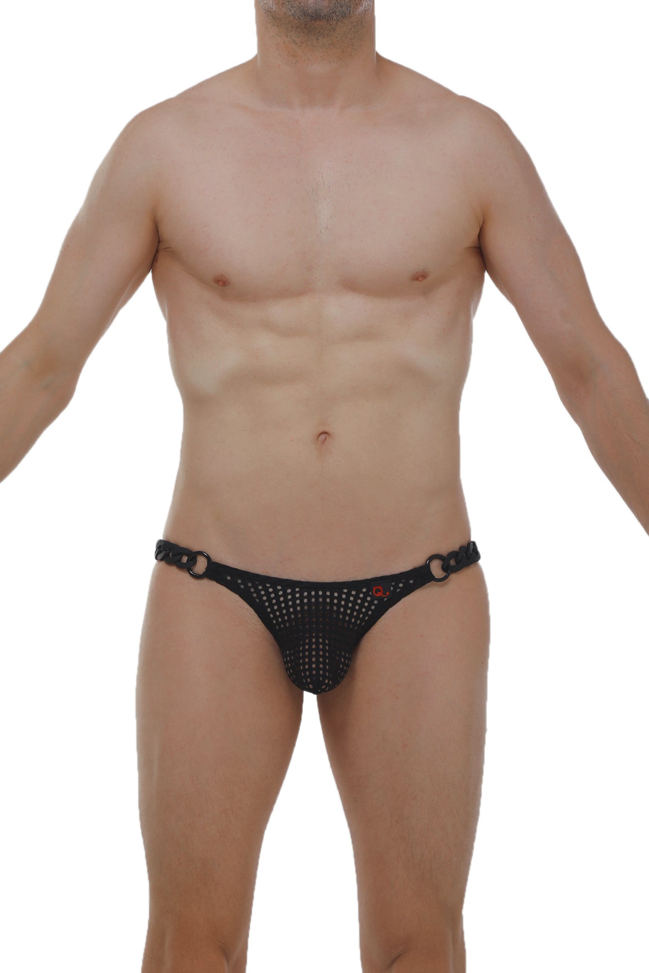 Black mesh bikini briefs with perforated design and metallic rings at the waistband from bikini chains durtol black collection