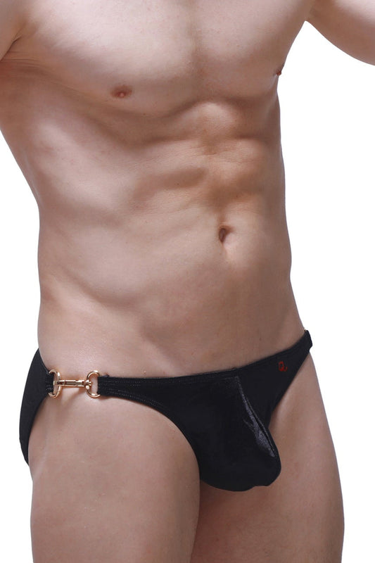 Black bikini briefs in satin with a gold-tone horsebit-style metal clasp at the front for stylish wear