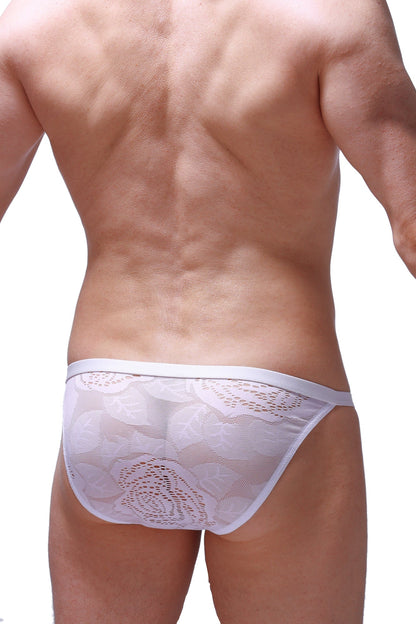 White lace-trimmed bikini ladon coudray briefs with delicate patterned mesh design in white