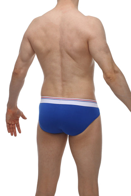 Blue men’s bikini lagny briefs with a white waistband accented by thin red and blue stripes for everyday comfort
