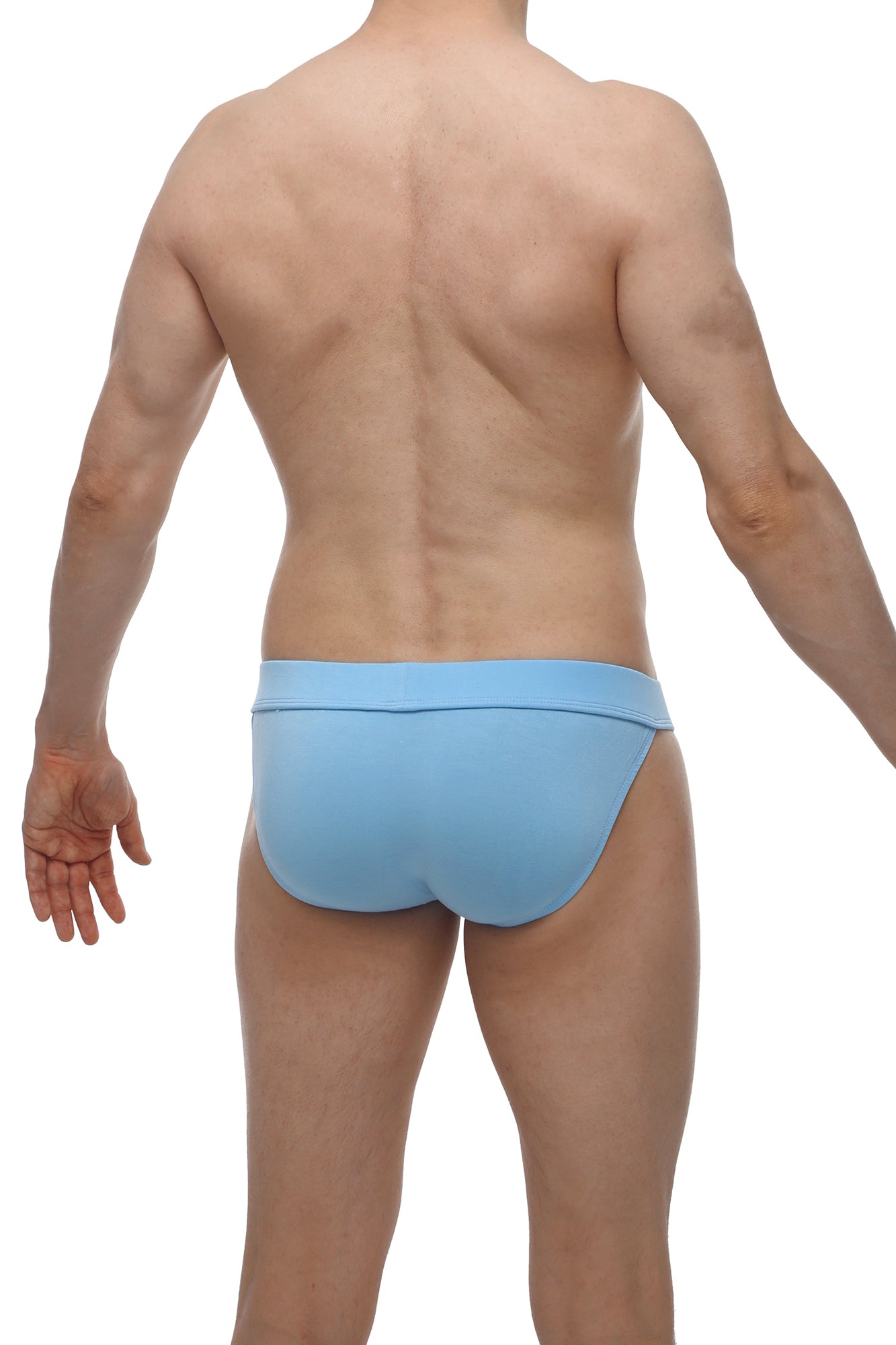 Light blue form-fitting swim trunks with smooth fabric finish made from bamboo in the bikini linthes bamboo blue line