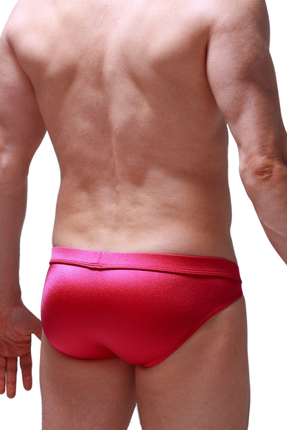 Bright red shiny fabric bikini marlan joe framboise briefs with a snug fit and elastic waistband