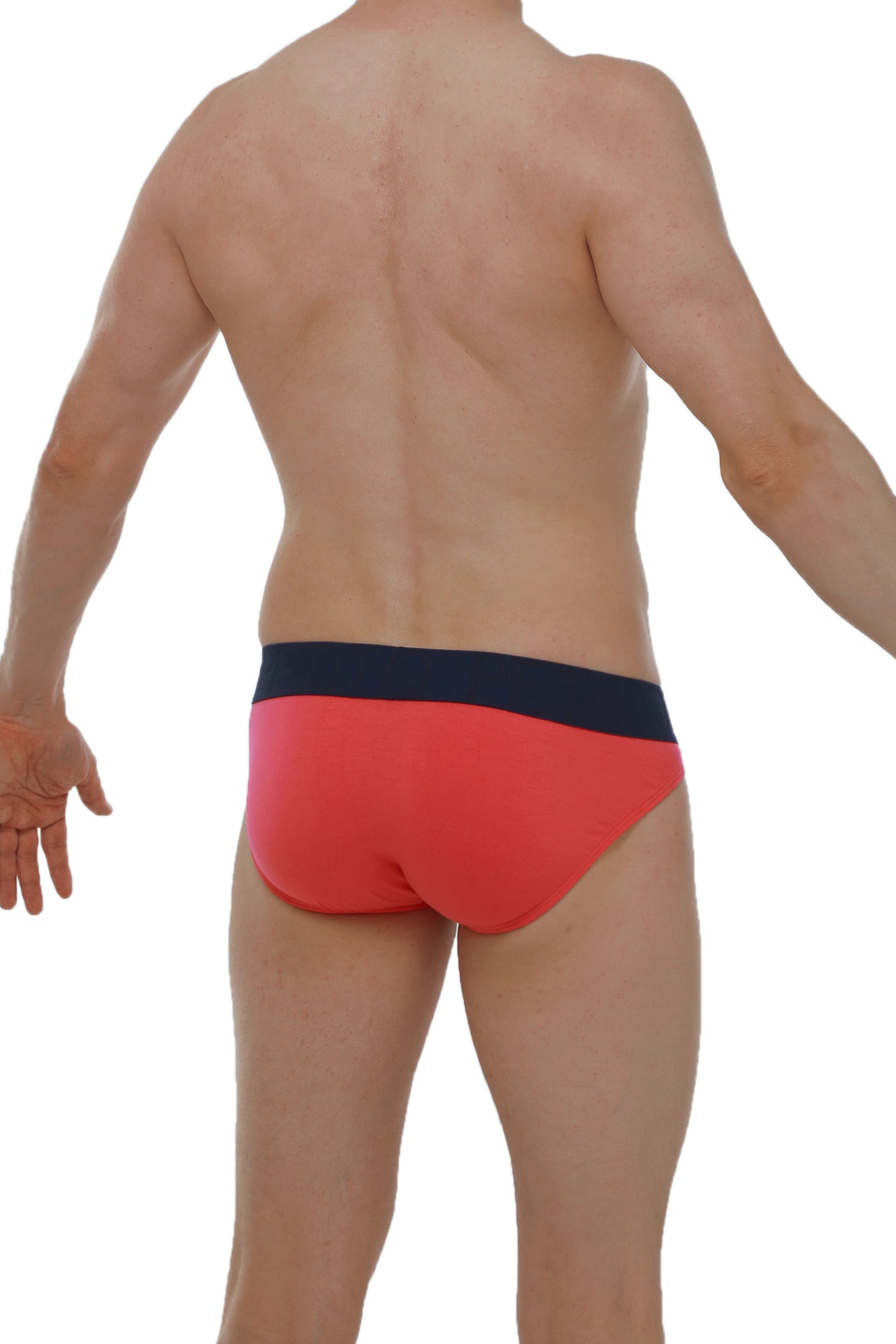 Red bikini mega bulge briefs with a navy blue waistband designed for vibrant and comfortable wear