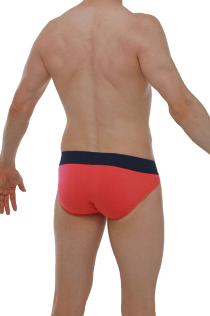 Red bikini mega bulge briefs with a navy blue waistband designed for vibrant and comfortable wear