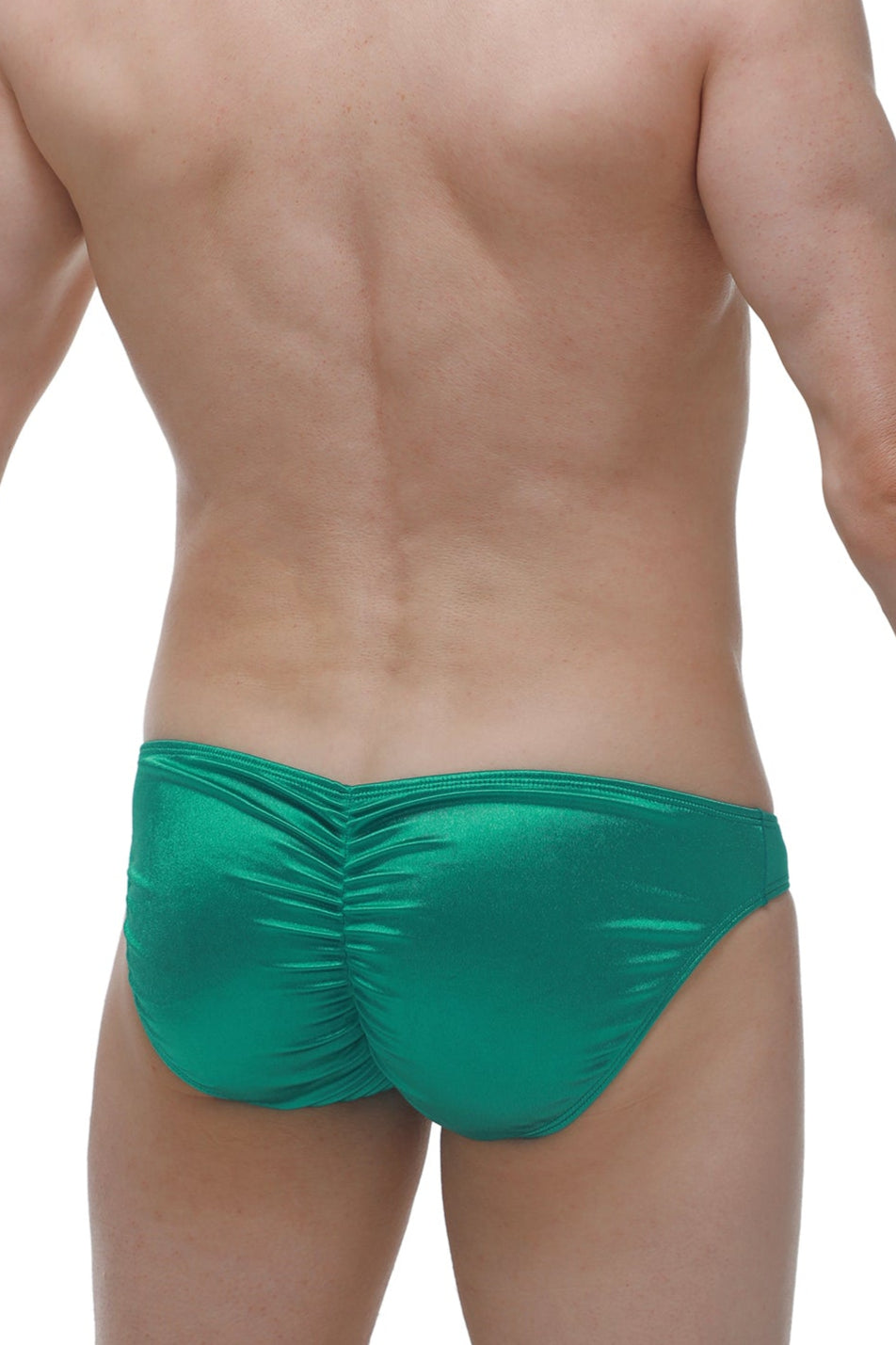 Emerald green satin bikini murlin briefs shown from the back with a ruched design