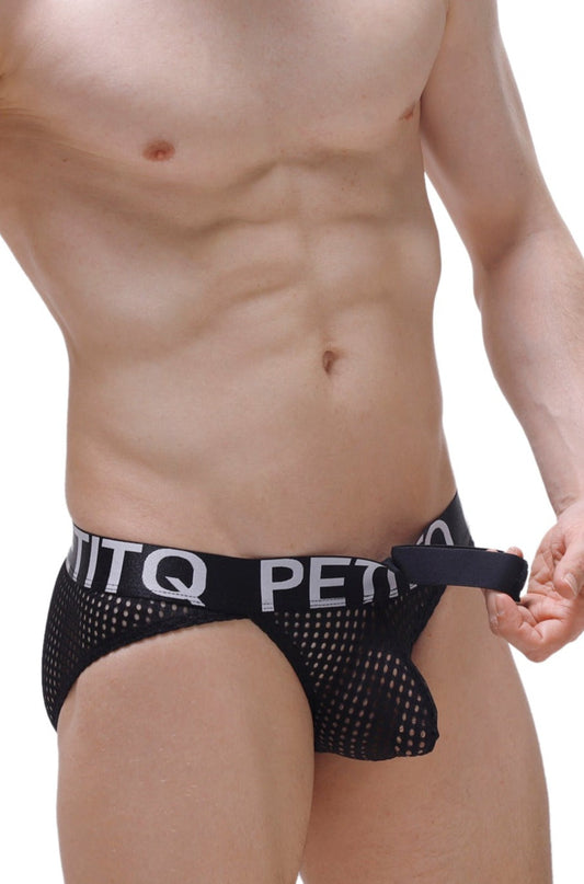 Black mesh briefs bikini protruder durtol with wide elastic waistband and white petitq lettering