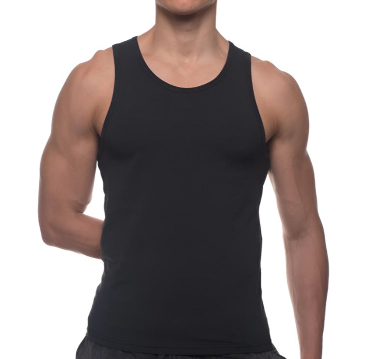 Black sleeveless tank top with simple round neckline and smooth form-fitting fabric from body tech maximizer set