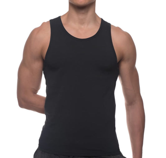Black sleeveless tank top with simple round neckline and smooth form-fitting fabric from body tech maximizer set