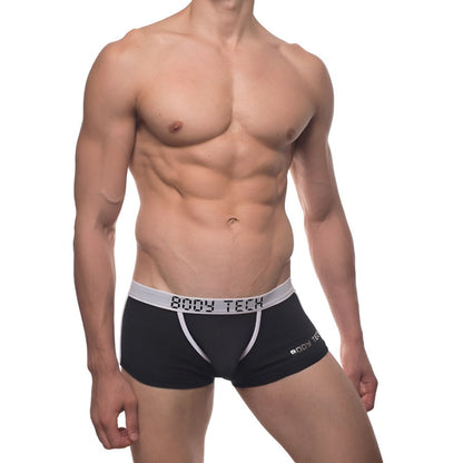 Black men’s boxer briefs with white elastic waistband and trim featuring body tech branding from Body Tech Maximizer Set