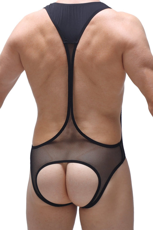 Black mesh bodysuit open net with cutout design showcasing sheer breathable fabric and stylish detailing