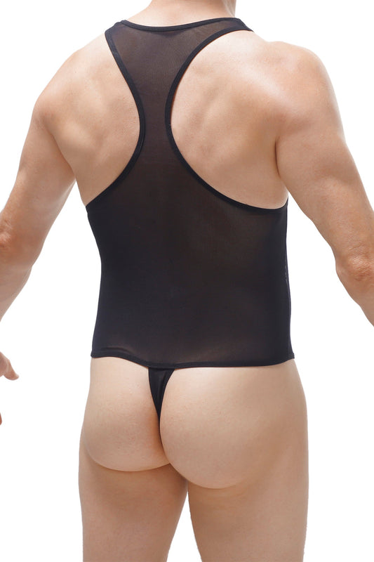 Black sheer mesh tank top bodysuit with thong-style bottom in medis net material shown from the back side