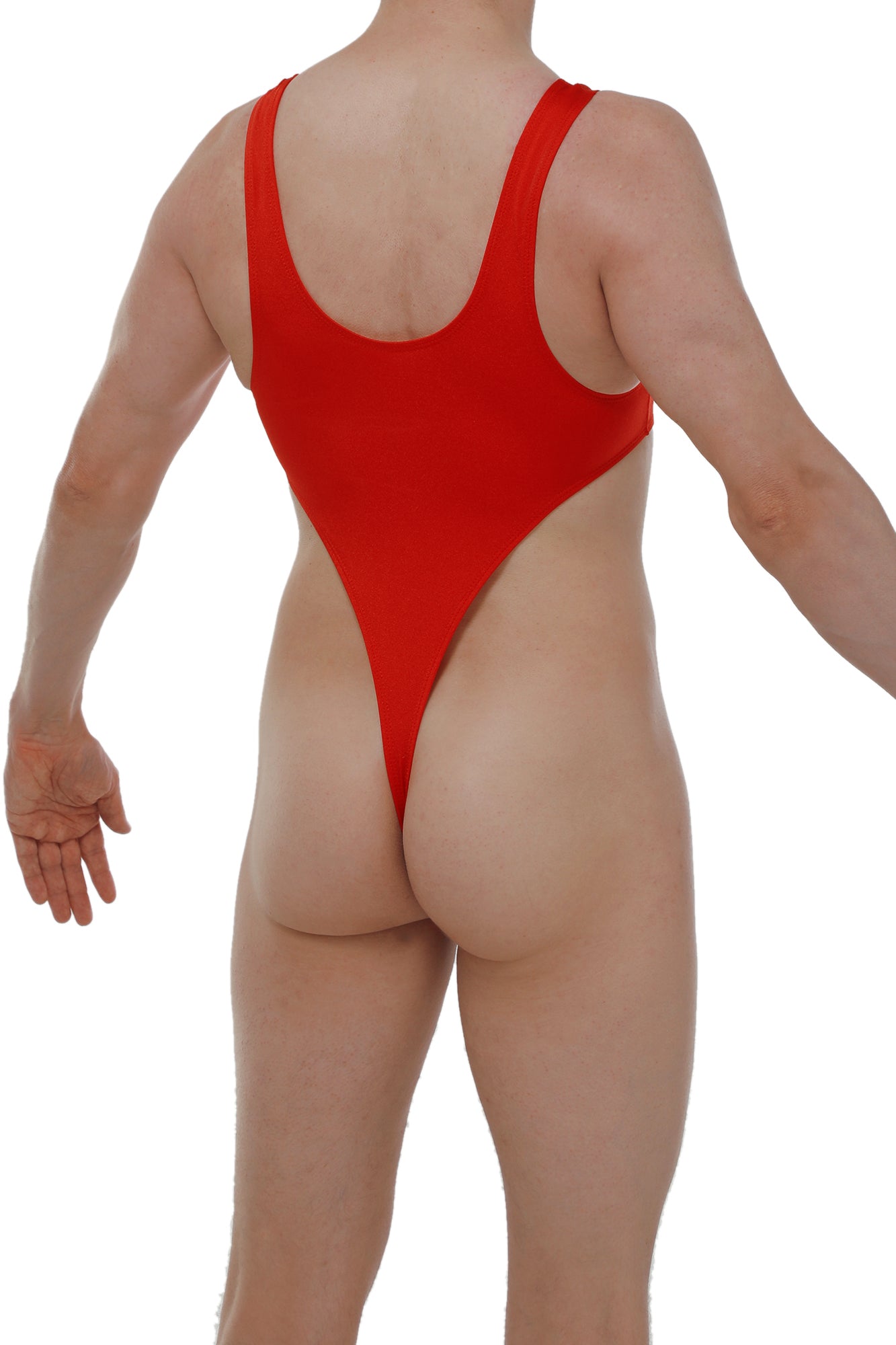 A vibrant red bodythong carbay joe one-piece swimsuit with wide shoulder straps and high-cut leg design