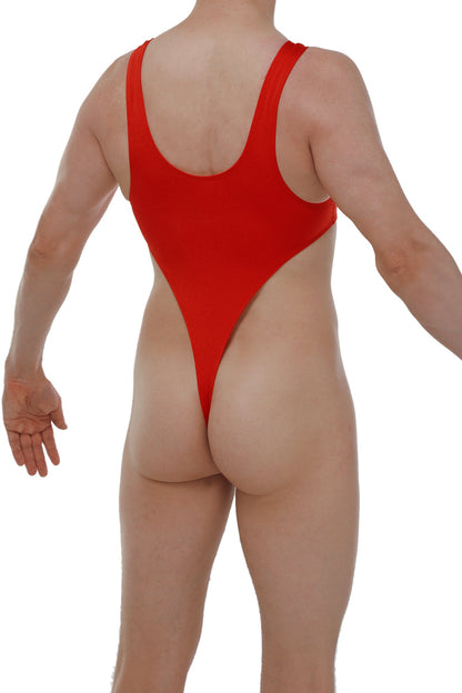 A vibrant red bodythong carbay joe one-piece swimsuit with wide shoulder straps and high-cut leg design