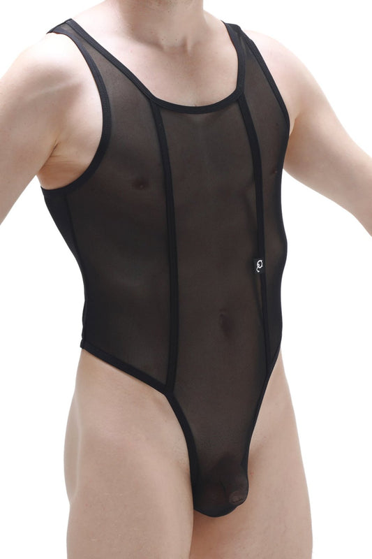 Black sheer mesh one-piece swimsuit with black trim bodythong chapois black shown from the back side