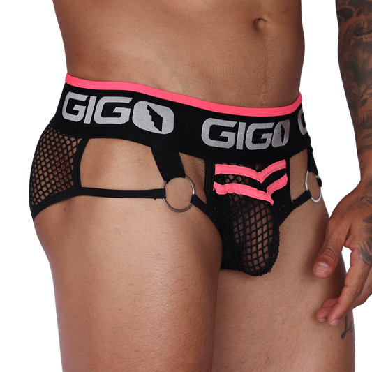 Side view of Gigo Boox fuchsia and black mesh brief with logo waistband, o-rings, and cutout strap details.