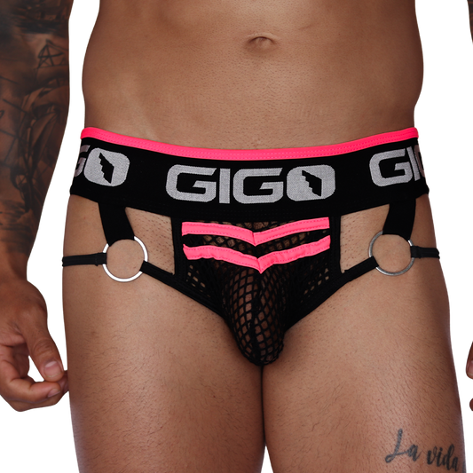 Front view of Gigo Boox fuchsia and black mesh brief with metal rings and branded logo waistband.