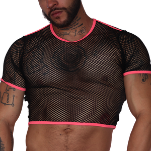 Front view of Gigo Boox fuchsia and black mesh net crop top with short sleeves on a male model.