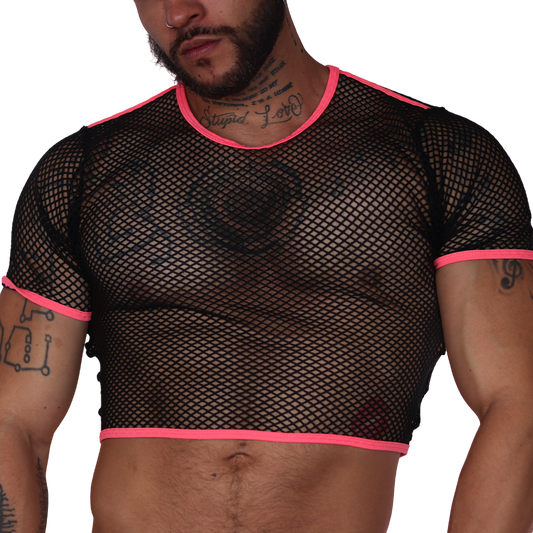 Front view of Gigo Boox fuchsia and black mesh net crop top with short sleeves on a male model.