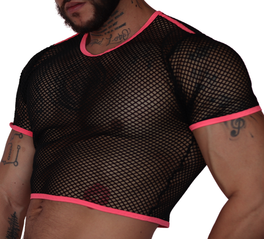 Side view of Gigo Boox fuchsia and black mesh fishnet crop top with short sleeves and contrast trim.