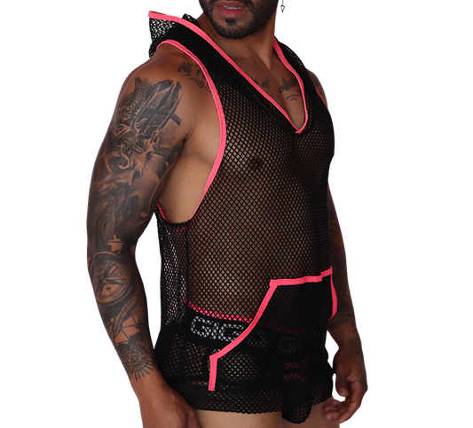 Side view of Gigo black and fuchsia mesh hoody t-shirt with front pocket and contrast trim on a tattooed model.