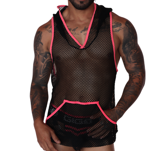 Front view of Gigo black mesh hoody t-shirt with fuchsia trim and front kangaroo pocket.