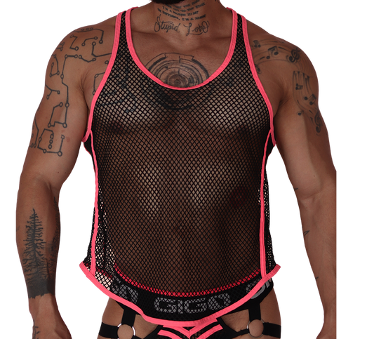 Front view of Gigo Boox mesh tank in black with fuchsia trim and branded elastic hem.