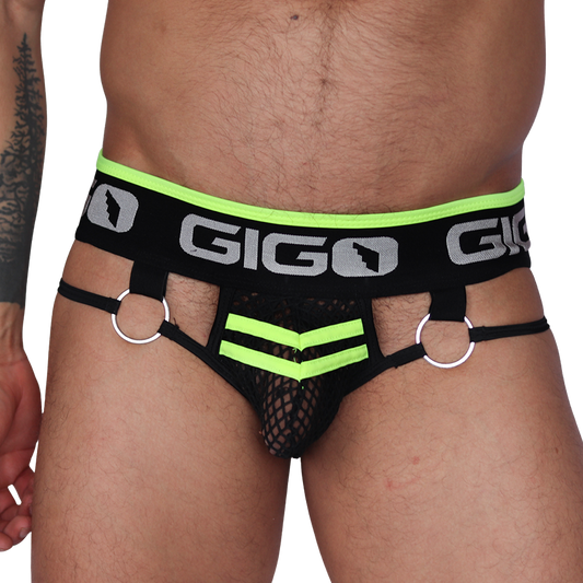 Front view of Gigo Boox yellow mesh brief with black waistband, metal rings, and neon yellow accents.