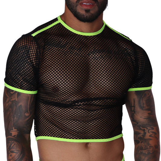 Gigo Boox front view: Black mesh crop top with neon yellow trim. Short-sleeved fishnet design for men.