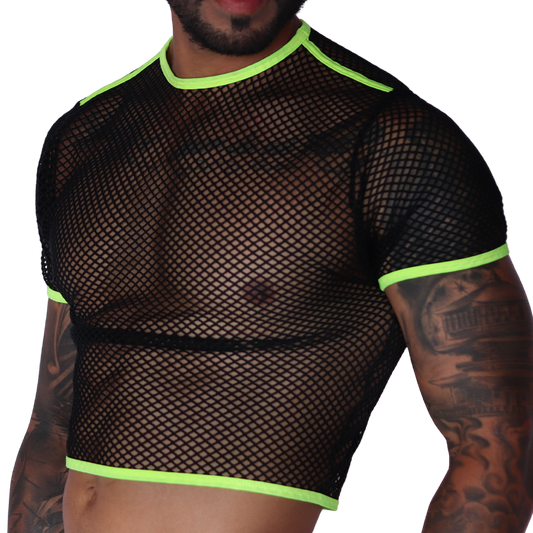 Gigo Boox yellow-trim black fishnet crop top, front detail view. Mesh short-sleeve shirt with neon yellow edges.