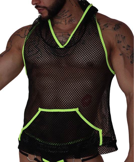 Front view of Gigo Boox black mesh hoody t-shirt with neon yellow trim and front kangaroo pocket.